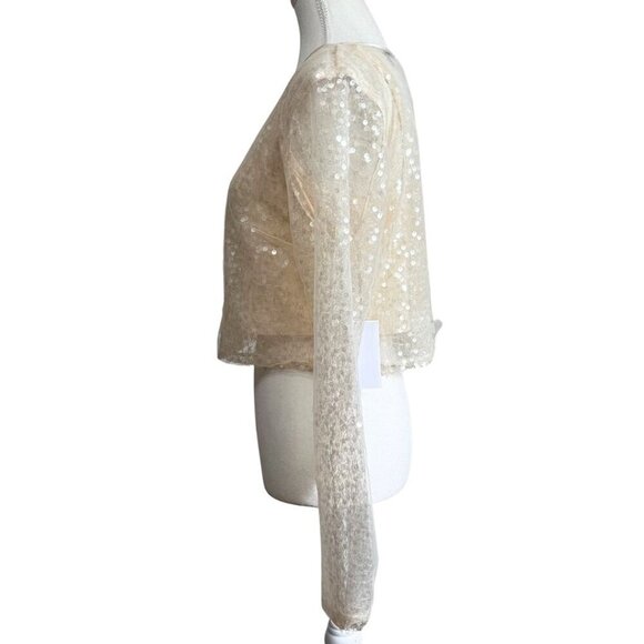 NWT JASON WU CHAMPAGNE SEQUIN ORGANZA LAYERED LONG SLEEVE CROP TOP - M - Picture 2 of 12